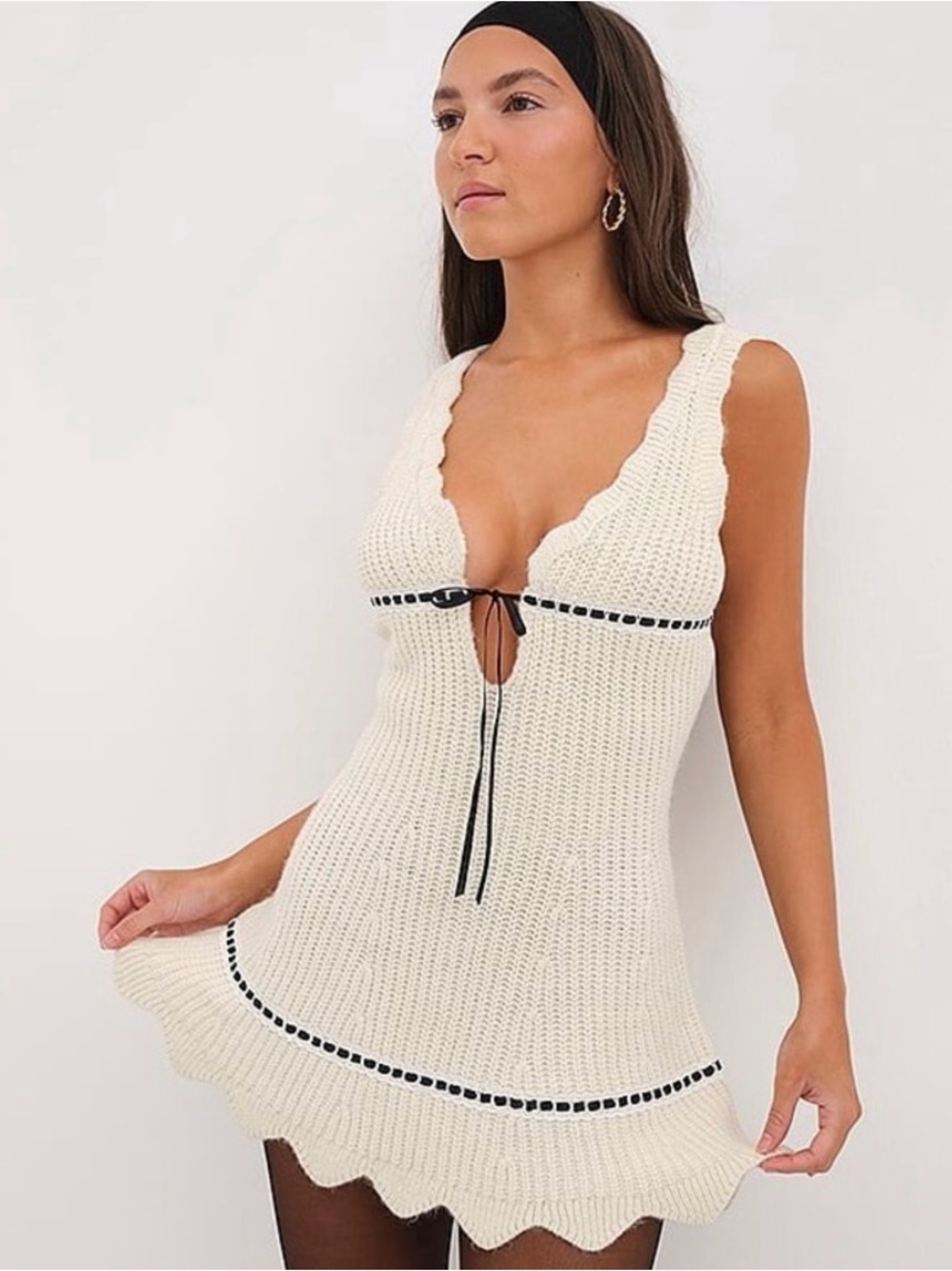 For Love and Lemons Jade Cream Knit Dress with Black Ribbon and Lace Detail